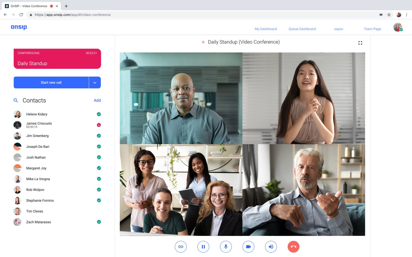 Screenshot of a video conference call in the OnSIP web app.