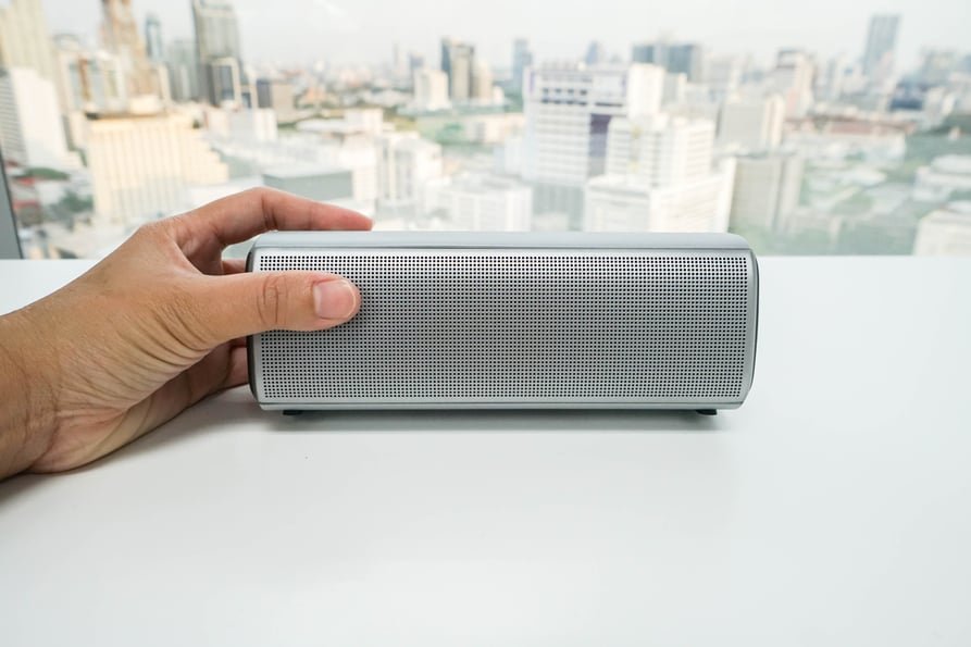 Hand holding a small bluetooth speaker.
