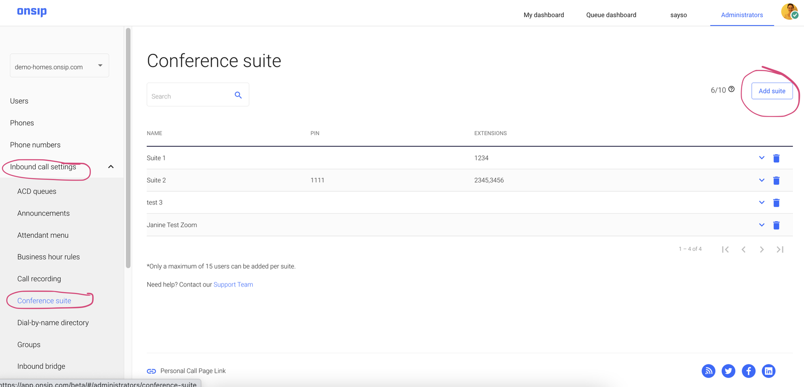 Screenshot of how to create an on net conference suite in the OnSIP web app.