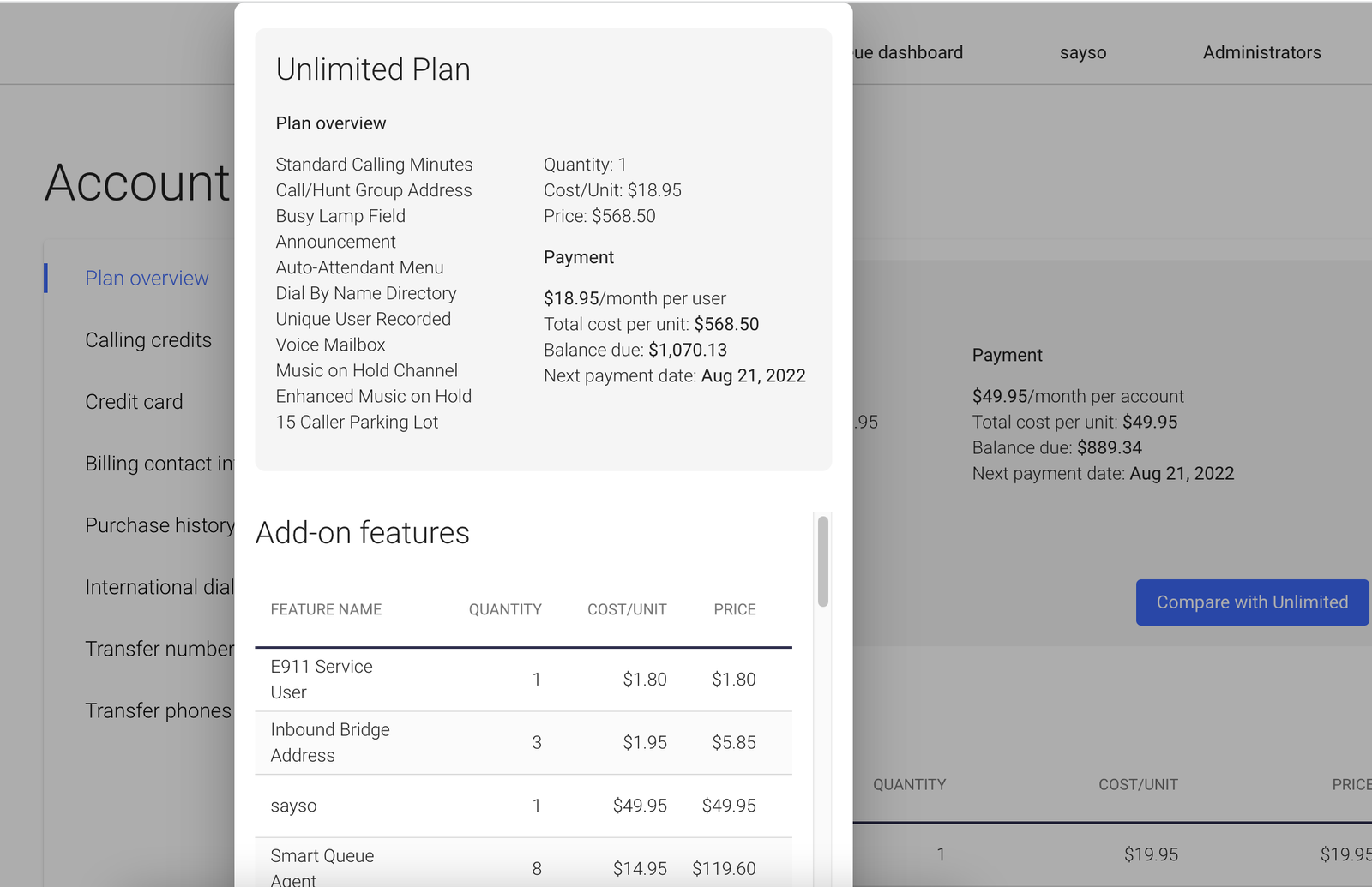 Screenshot of the Compare Plans feature, displaying a new billing plan, in the OnSIP web app.