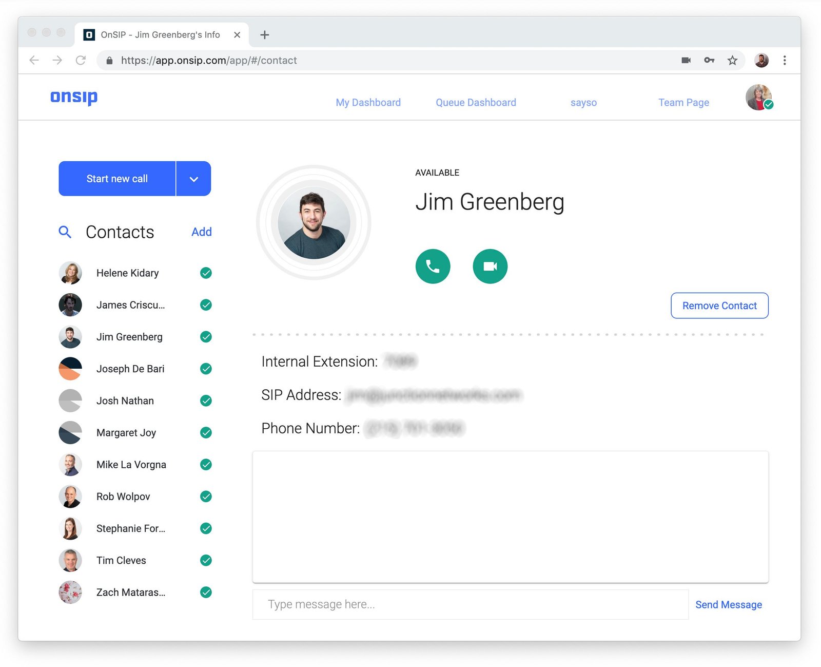 Screenshot of OnSIP app desktop dashboard.