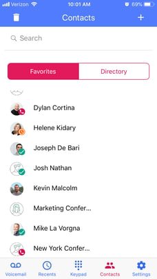 Presence statuses in the OnSIP mobile app.