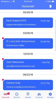 Voicemail messages displayed in the OnSIP mobile app.