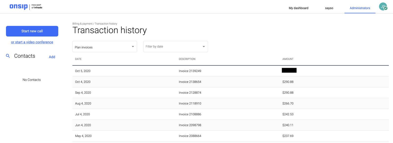 Screenshot of transaction history in the billing section.